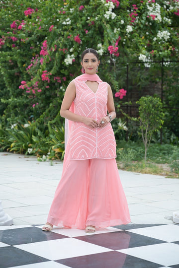 Peach Bead, Sequence & Threadwork Georgette Readymade Sharara Set With Net Dupatta