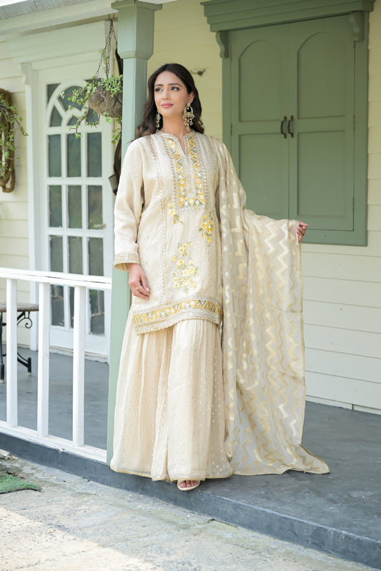 Tussar Tissue Readymade Sharara Set With Tissue Dupatta