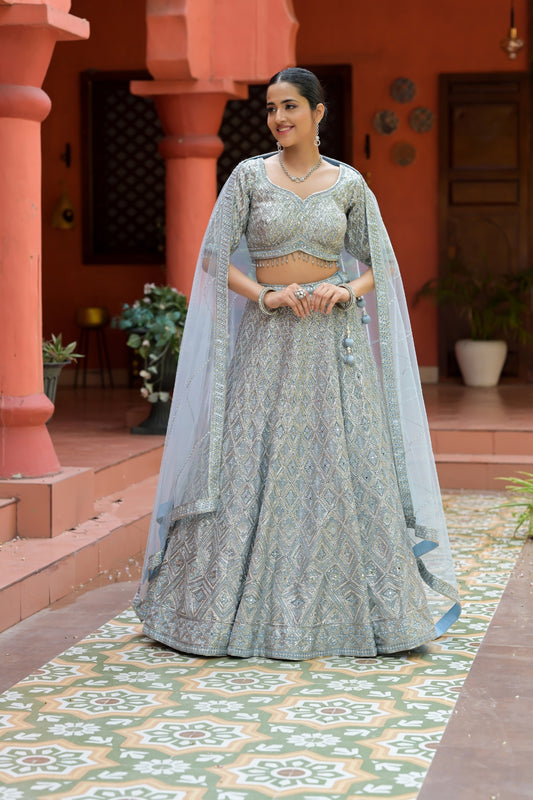 Sky Blue Net Lehenga Set And Net Dupatta With Readymade Blouse