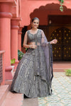 Matelic Grey Net Lehenga Set And Net Dupatta With Readymade Blouse
