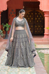 Matelic Grey Net Lehenga Set And Net Dupatta With Readymade Blouse