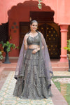 Matelic Grey Net Lehenga Set And Net Dupatta With Readymade Blouse
