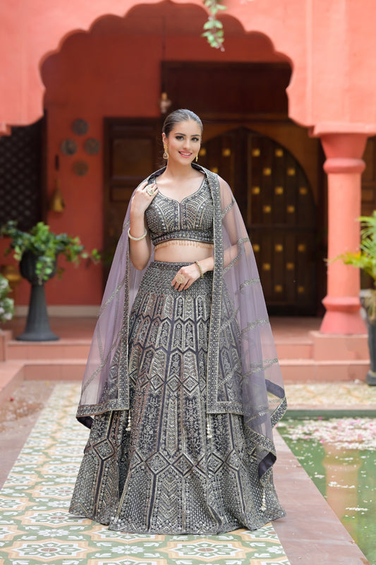 Matelic Grey Net Lehenga Set And Net Dupatta With Readymade Blouse