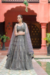 Matelic Grey Net Lehenga Set And Net Dupatta With Readymade Blouse