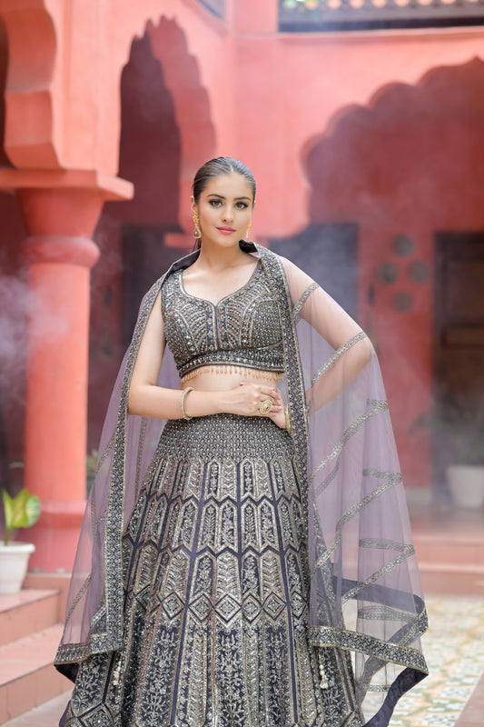 Matelic Grey Net Lehenga Set And Net Dupatta With Readymade Blouse