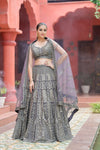 Matelic Grey Net Lehenga Set And Net Dupatta With Readymade Blouse