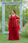 Red Bead, Sequence & Threadwork Net Readymade Sharara Set With Net Dupatta