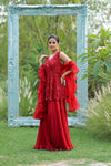 Red Bead, Sequence & Threadwork Net Readymade Sharara Set With Net Dupatta