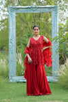 Red Bead, Sequence & Threadwork Net Readymade Sharara Set With Net Dupatta