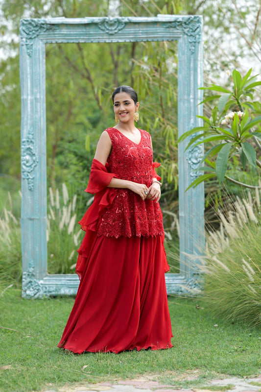 Red Bead, Sequence & Threadwork Net Readymade Sharara Set With Net Dupatta