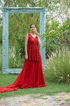 Red Bead, Sequence & Threadwork Net Readymade Sharara Set With Net Dupatta