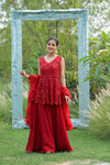 Red Bead, Sequence & Threadwork Net Readymade Sharara Set With Net Dupatta