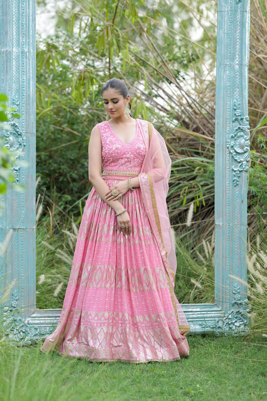 Gajari Net Lehenga Set And Net Dupatta With Readymade Blouse