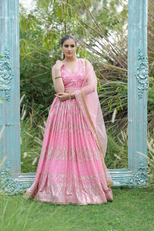 Gajari Net Lehenga Set And Net Dupatta With Readymade Blouse
