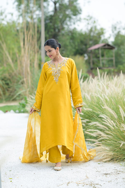 Mustard Cotton Readymade Suit And Pant With Tissue Dupatta