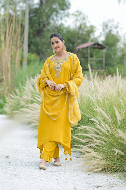 Mustard Cotton Readymade Suit And Pant With Tissue Dupatta