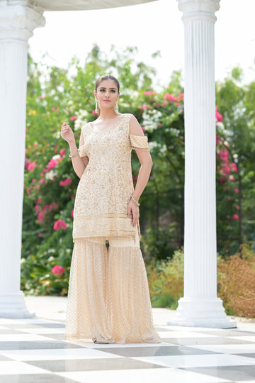 Tussar Bead, Cutdana, Sequence & Threadwork Net Readymade Sharara Set With Net Dupatta