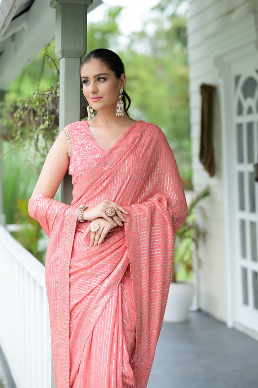 Peach Bead, Cutdana, Sequence, Threadwork & Zarkan Georgette Pre-Draped Designer Saree With Readymade Blouse