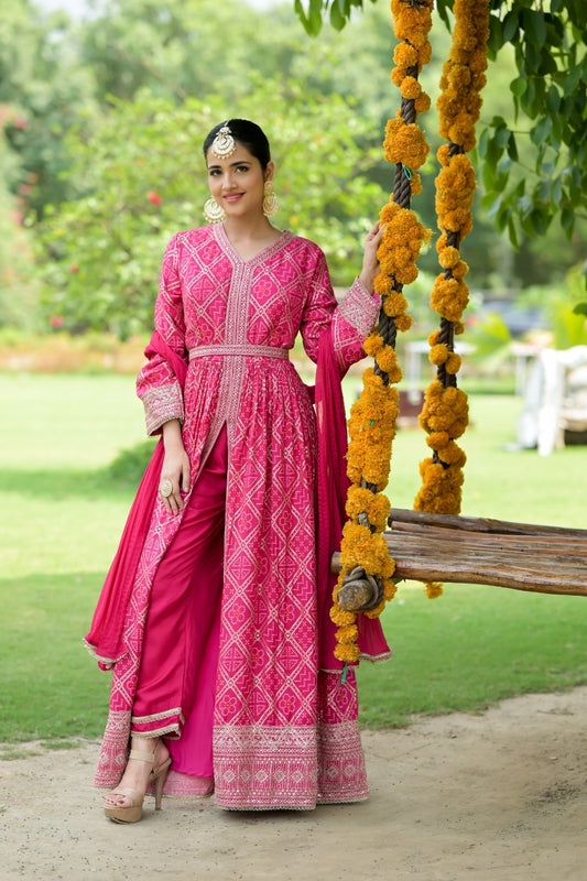 Rani Sequence, Zari Threadwork & Bandhini Printed Dolna Readymade Suit And Pant With Chinon Dupatta