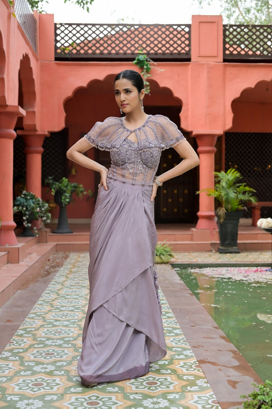Matelic Net Short Top Sharara Set With Shrug