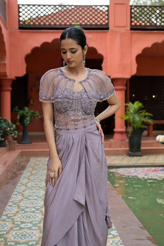 Matelic Net Short Top Sharara Set With Shrug