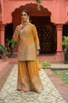 Mustard Georgette Readymade Sharara Set With Net Dupatta