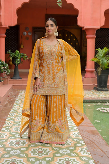 Mustard Georgette Readymade Sharara Set With Net Dupatta