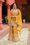 Mustard Georgette Readymade Sharara Set With Net Dupatta