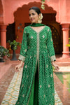 Bottle Green Sequence, Zari Threadwork & Bandhini Printed Crepe Readymade Suit And Pant With Chinon Dupatta