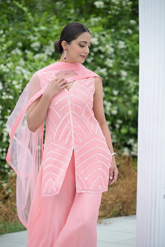 Peach Bead, Sequence & Threadwork Georgette Readymade Sharara Set With Net Dupatta