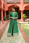 Bottle Green Sequence, Zari Threadwork & Bandhini Printed Crepe Readymade Suit And Pant With Chinon Dupatta