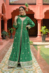 Bottle Green Sequence, Zari Threadwork & Bandhini Printed Crepe Readymade Suit And Pant With Chinon Dupatta