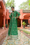 Bottle Green Sequence, Zari Threadwork & Bandhini Printed Crepe Readymade Suit And Pant With Chinon Dupatta