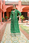 Bottle Green Sequence, Zari Threadwork & Bandhini Printed Crepe Readymade Suit And Pant With Chinon Dupatta