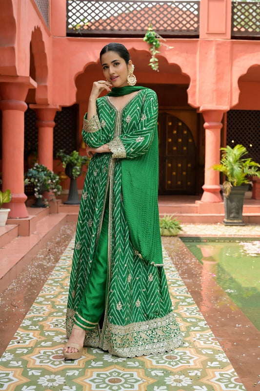 Bottle Green Sequence, Zari Threadwork & Bandhini Printed Crepe Readymade Suit And Pant With Chinon Dupatta