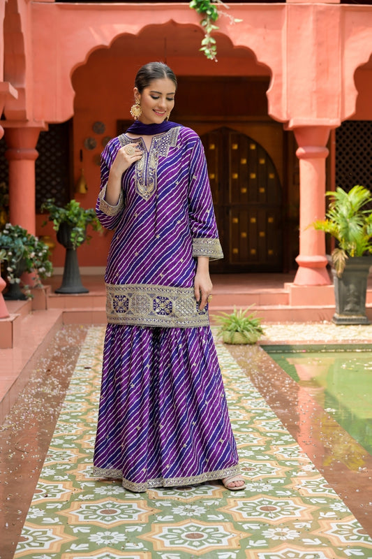 Purple Chinon Readymade Sharara Set With Chinon Dupatta