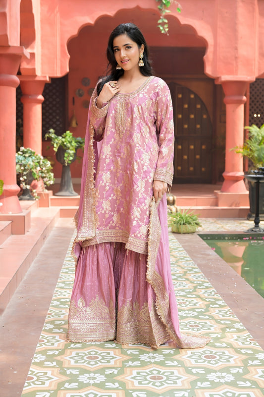 Gajari Tissue Readymade Sharara Set With Tissue Dupatta