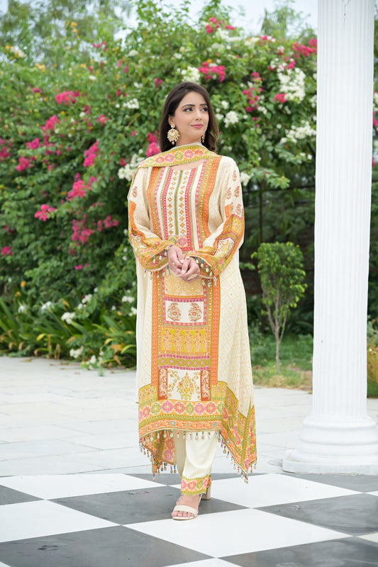 Off White Gotta Patti, Mirror, Sequence & Digital Printed Crepe Readymade Suit With Pant