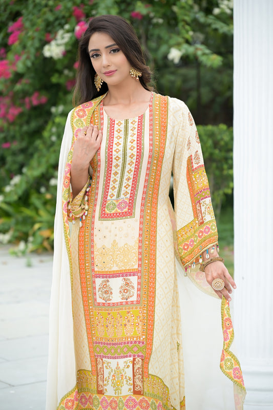 Off White Gotta Patti, Mirror, Sequence & Digital Printed Crepe Readymade Suit With Pant