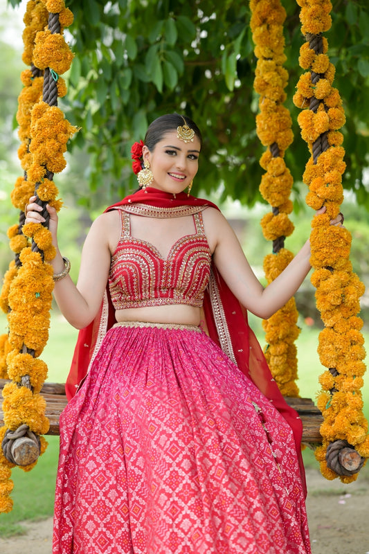 Red Chinon Lehenga Set And Organza Dupatta With Readymade Blouse