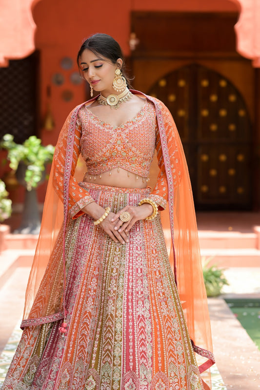 Rust Georgette Lehenga Set And Net Dupatta With Readymade Blouse