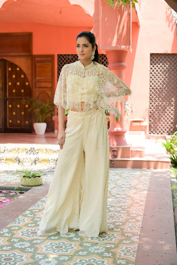 Off White Bead, Cutdana, Mirror, Sequence & Threadwork Net Short Top Sharara Set With Shrug