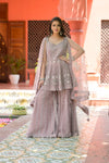 Onion Bead, Sequence & Threadwork Net Readymade Sharara Set With Net Dupatta