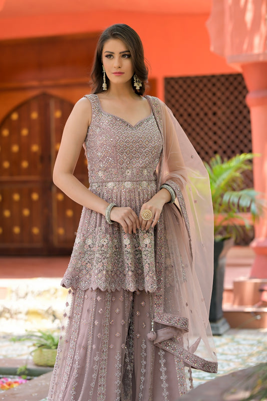 Onion Bead, Sequence & Threadwork Net Readymade Sharara Set With Net Dupatta