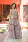 Onion Bead, Sequence & Threadwork Net Readymade Sharara Set With Net Dupatta