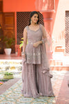 Onion Bead, Sequence & Threadwork Net Readymade Sharara Set With Net Dupatta