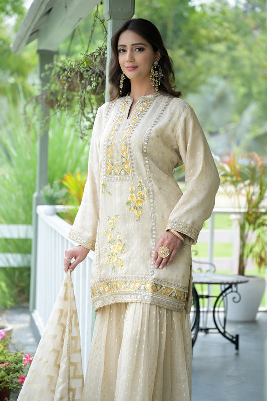 Tussar Tissue Readymade Sharara Set With Tissue Dupatta