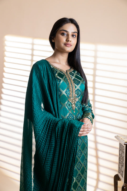 Bottle Green Banarasi Silk Readymade Suit And Pant With Chinon Dupatta