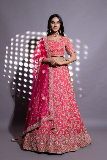 Coral Tissue Lehenga Set And Tissue Dupatta With Readymade Blouse