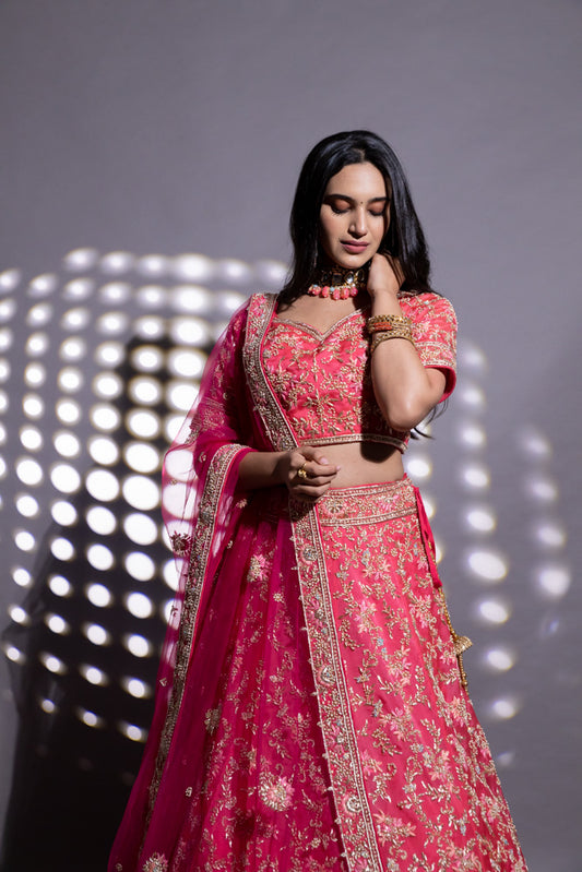 Coral Tissue Lehenga Set And Tissue Dupatta With Readymade Blouse